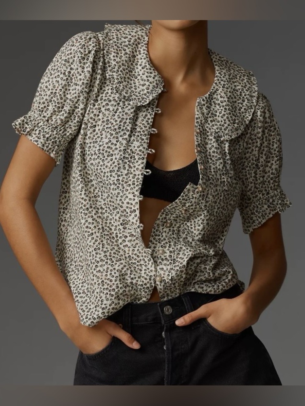Anthropologie Cream and Black Leopard Print Puff Sleeve Blouse